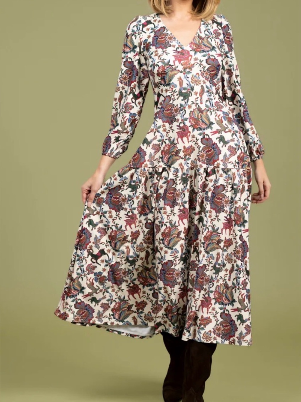 Smith & Quinn LA Maxi Dress Medium Woodland Flora Long Sleeve Tiered V-Neck